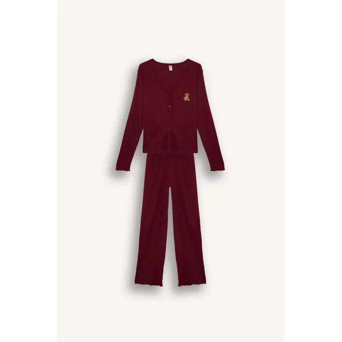 Defacto G0222AXBR205 Bordo Pijama Takımı Regular Fit Pointel Kumaş Uzun Kollu Üst Uzun Alt