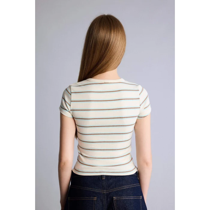 Defacto G2231AXER98 Ekru Fıtted Bisiklet Yaka Ribana Kısa Kollu Tişört