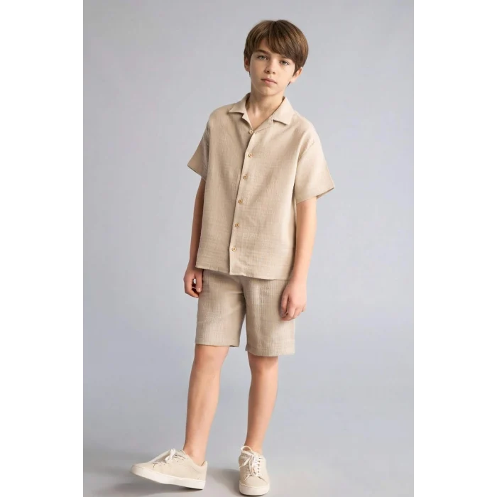 Defacto W3239A6BG106 Bej Oversıze Polo Yaka Müslin Kısa Kollu Gömlek Erkek Çocuk