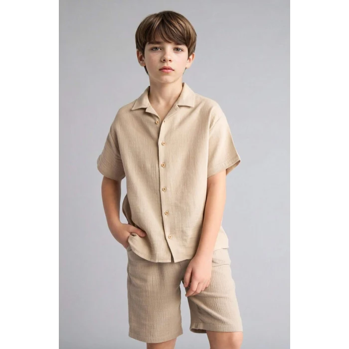 Defacto W3239A6BG106 Bej Oversıze Polo Yaka Müslin Kısa Kollu Gömlek Erkek Çocuk