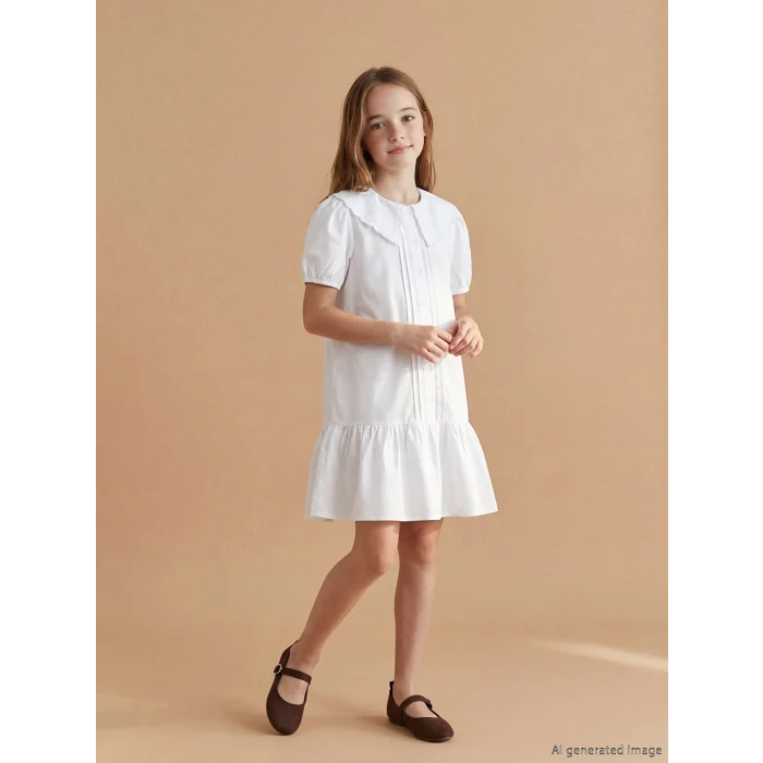 LCW Kids Beyaz Bebe Yaka Nakışlı Kız Çocuk Poplin Elbise