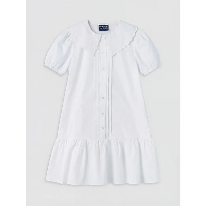 LCW Kids Beyaz Bebe Yaka Nakışlı Kız Çocuk Poplin Elbise
