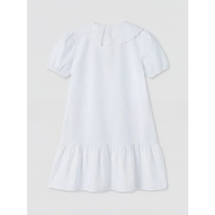 LCW Kids Beyaz Bebe Yaka Nakışlı Kız Çocuk Poplin Elbise