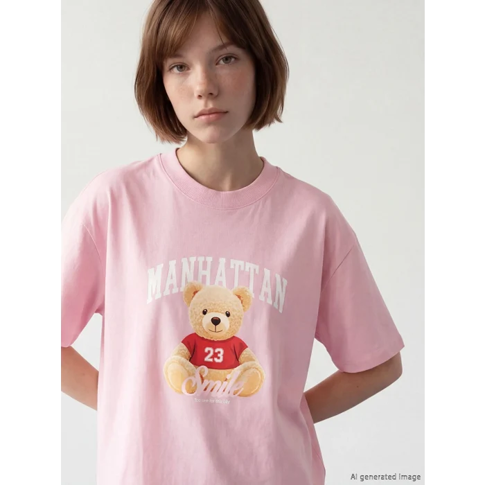 LCW Modest Pembe Bisiklet Yaka Manhattan Baskılı Kadın Tişört