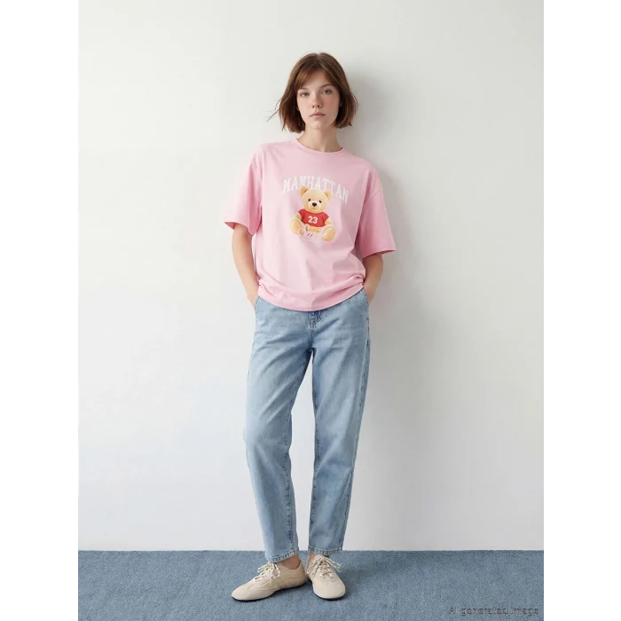 LCW Modest Pembe Bisiklet Yaka Manhattan Baskılı Kadın Tişört
