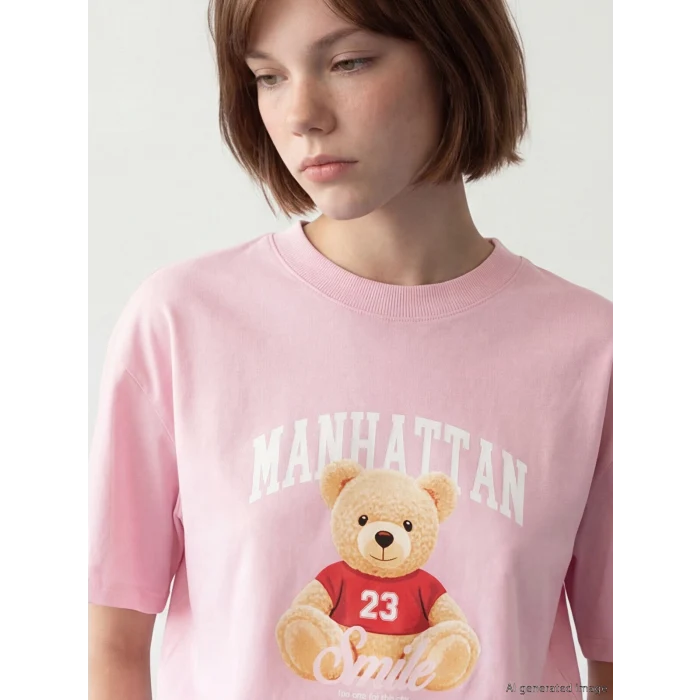 LCW Modest Pembe Bisiklet Yaka Manhattan Baskılı Kadın Tişört