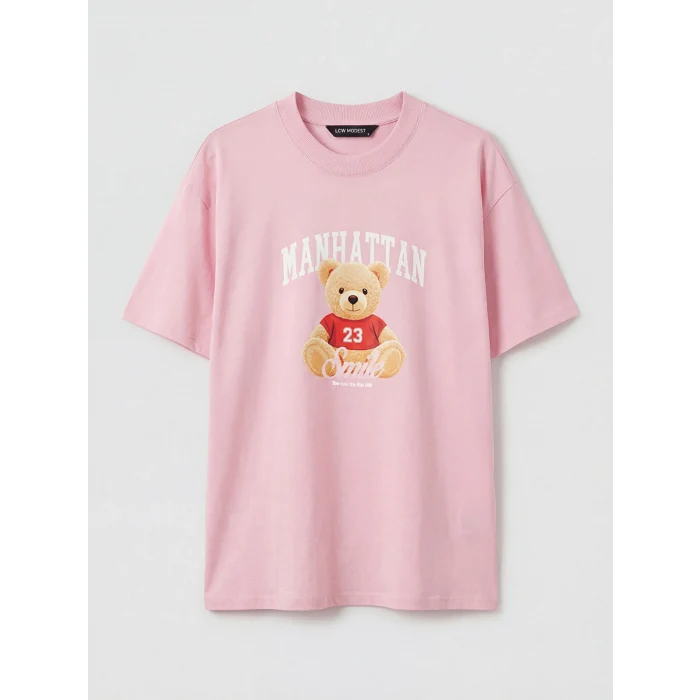 LCW Modest Pembe Bisiklet Yaka Manhattan Baskılı Kadın Tişört