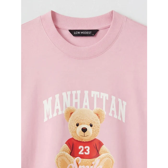 LCW Modest Pembe Bisiklet Yaka Manhattan Baskılı Kadın Tişört