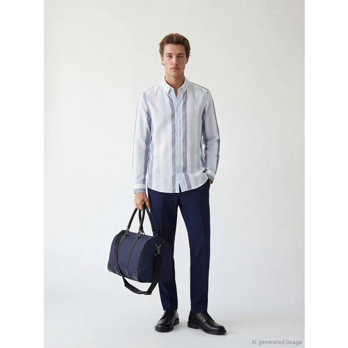 SOUTHBLUE Mavi Regular Fit Çizgili Erkek Keten Gömlek