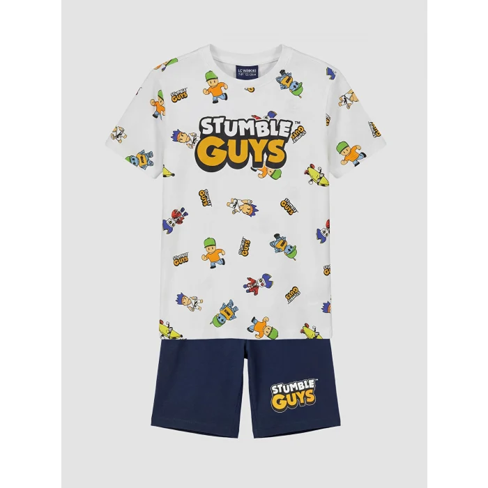 LCW Kids Beyaz Stumble Guys Baskılı Erkek Çocuk Şortlu Pijama Takımı