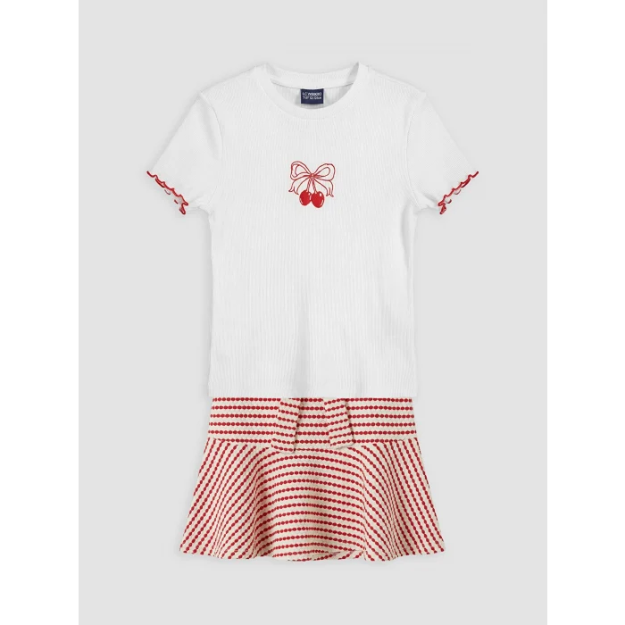 LCW Kids Beyaz Nakışlı Kız Çocuk Fitilli Tişört ve Etek