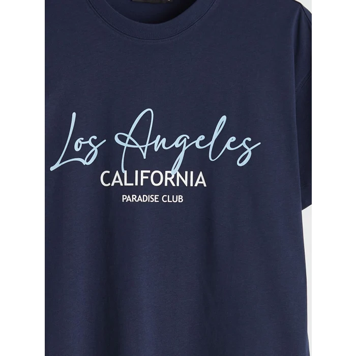 LCW Vision Lacivert Los Angeles Baskılı Oversize Kadın Tişört