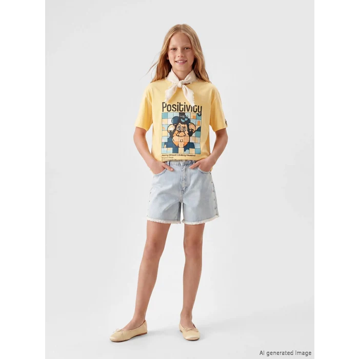 LCW Kids Sarı Nostaljik Maymun Baskılı Unisex Çocuk Tişört