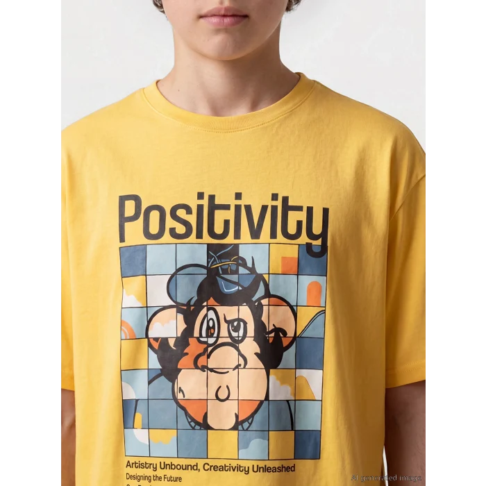 LCW Kids Sarı Nostaljik Maymun Baskılı Unisex Çocuk Tişört