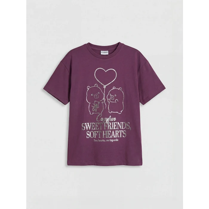 LCW Kids Bordo Bisiklet Yaka Capyfun Baskılı Kız Çocuk Tişört