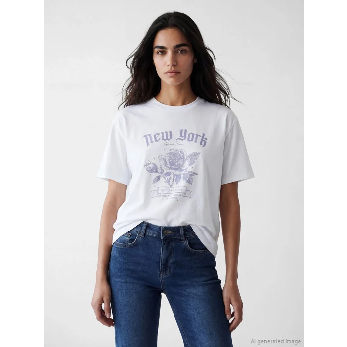 LCW Vision Beyaz New York Baskılı Oversize Kadın Tişört