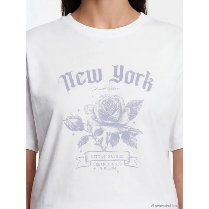 LCW Vision Beyaz New York Baskılı Oversize Kadın Tişört