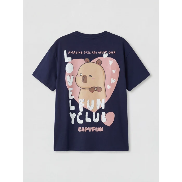 LCW Kids Lacivert Bisiklet Yaka Capyfun Baskılı Kız Çocuk Tişört