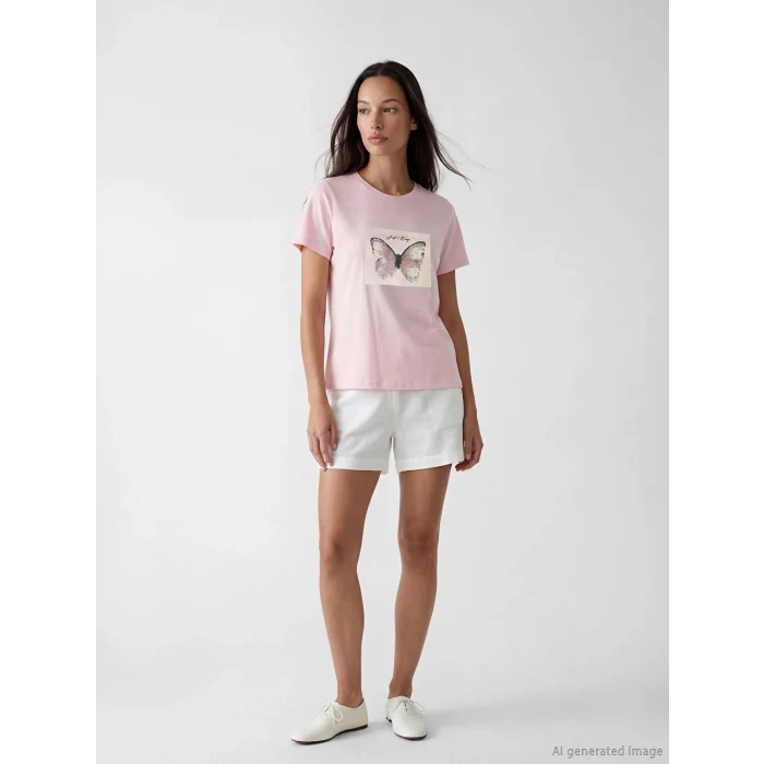 LCW EVERYDAY Pembe Bisiklet Yaka Kelebek Baskılı Kadın Tişört