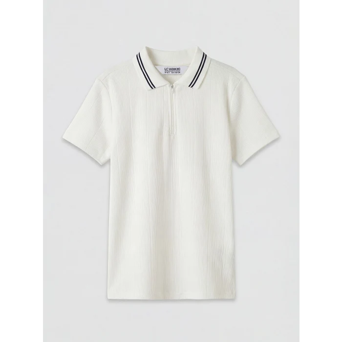 LCW Kids Beyaz Fermuarlı Polo Yaka Erkek Çocuk Tişört