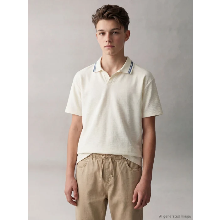 LCW Kids Ekru Polo Yaka Dokulu Erkek Çocuk Tişört