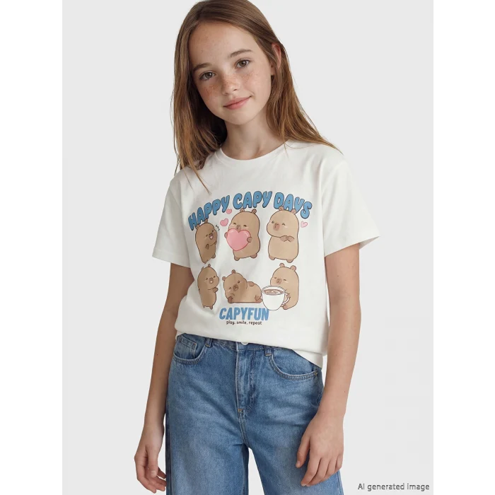 LCW Kids Beyaz Bisiklet Yaka Capyfun Baskılı Kız Çocuk Tişört