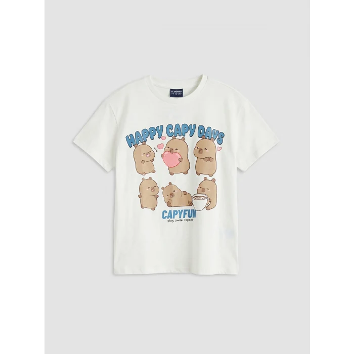 LCW Kids Beyaz Bisiklet Yaka Capyfun Baskılı Kız Çocuk Tişört