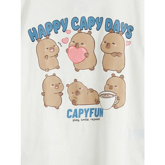 LCW Kids Beyaz Bisiklet Yaka Capyfun Baskılı Kız Çocuk Tişört