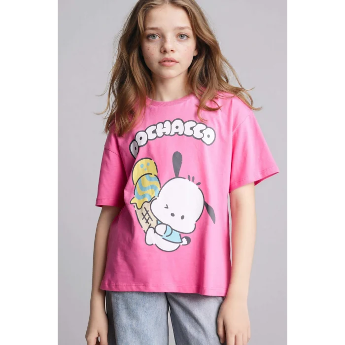Defacto H3480A8PN206 Pembe Pochacco Oversıze Bisiklet Yaka Kısa Kollu Tişört Kız Çocuk