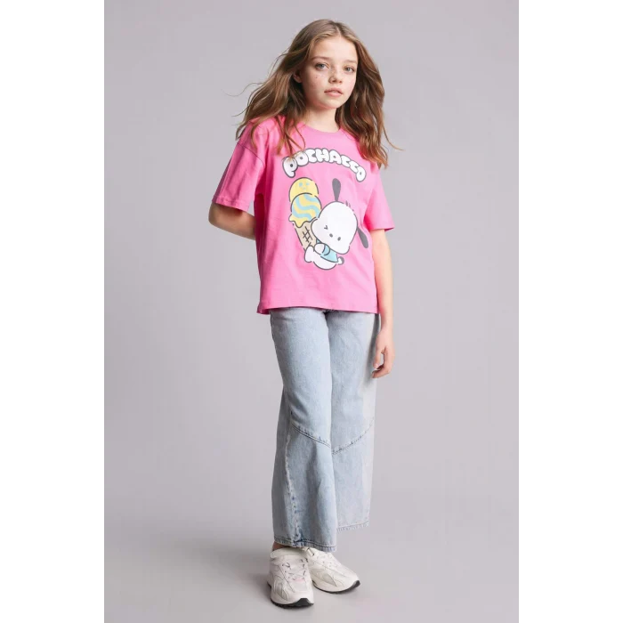 Defacto H3480A8PN206 Pembe Pochacco Oversıze Bisiklet Yaka Kısa Kollu Tişört Kız Çocuk