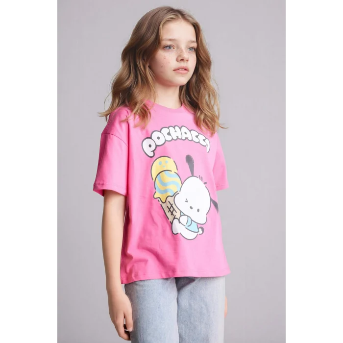 Defacto H3480A8PN206 Pembe Pochacco Oversıze Bisiklet Yaka Kısa Kollu Tişört Kız Çocuk