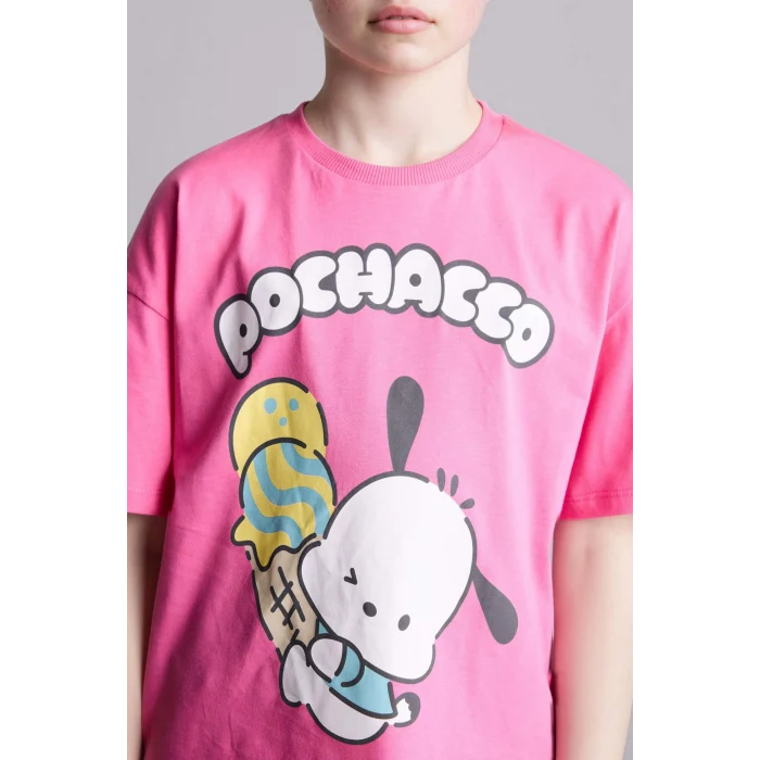 Defacto H3480A8PN206 Pembe Pochacco Oversıze Bisiklet Yaka Kısa Kollu Tişört Kız Çocuk