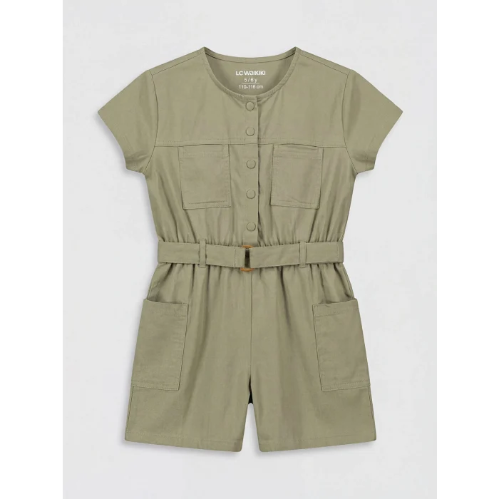 LCW Kids Yeşil Bisiklet Yaka Kemerli Kız Çocuk Gabardin Tulum