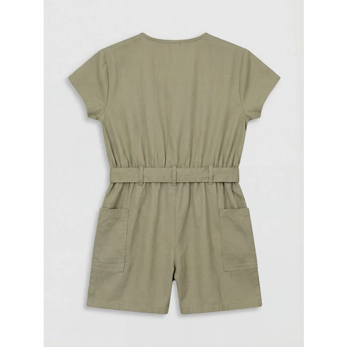 LCW Kids Yeşil Bisiklet Yaka Kemerli Kız Çocuk Gabardin Tulum