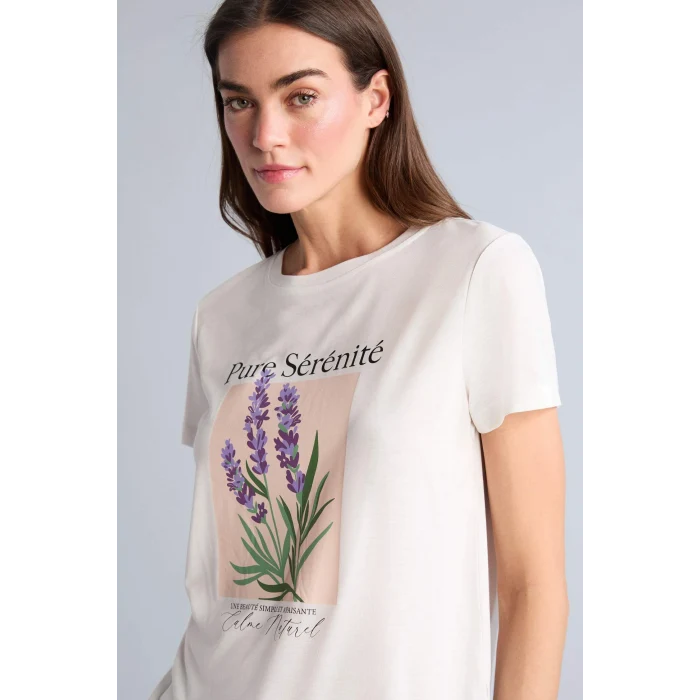Defacto H7608AXER105 Ekru Regular Fıt Bisiklet Yaka Floral Kısa Kollu Tişört