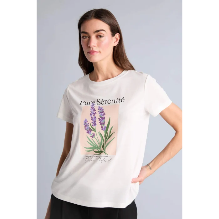 Defacto H7608AXER105 Ekru Regular Fıt Bisiklet Yaka Floral Kısa Kollu Tişört