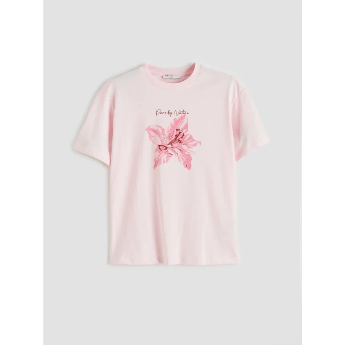 LCW Comfort Pembe Bisiklet Yaka Çiçek Baskılı Kadın Tişört