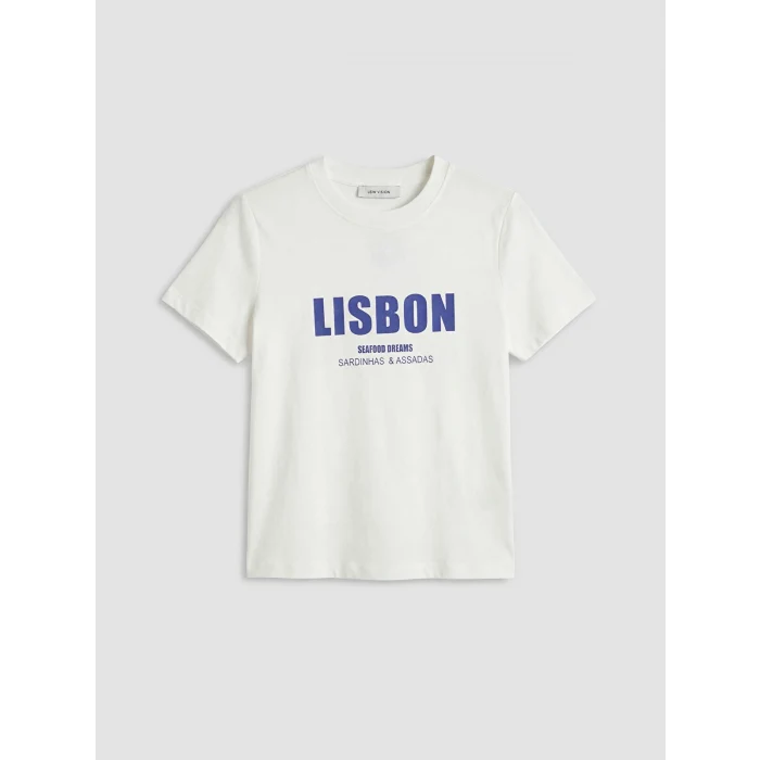 LCW Vision Beyaz Bisiklet Yaka Lisbon Baskılı Kadın Tişört