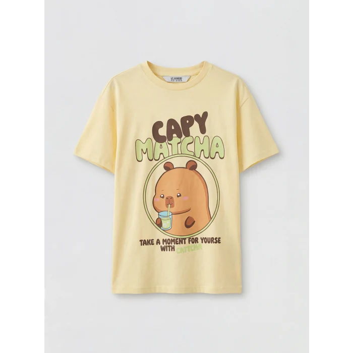 LCW Kids Sarı Bisiklet Yaka Capyfun Baskılı Kız Çocuk Tişört