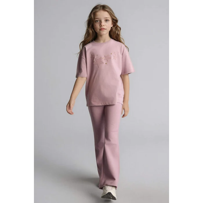 Defacto H1239A8BR488 Bordo 2li Takım Geniş Paça Pantolon Tişört Kız Çocuk