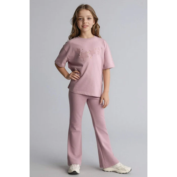 Defacto H1239A8BR488 Bordo 2li Takım Geniş Paça Pantolon Tişört Kız Çocuk