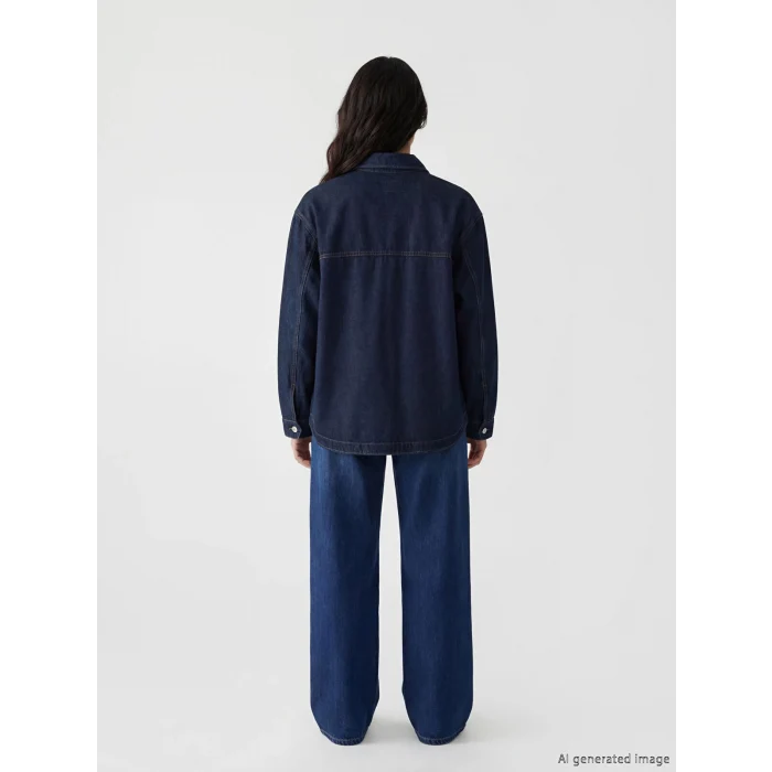 LCW EVERYDAY İndigo Gömlek Yaka Oversize Kadın Jean Ceket