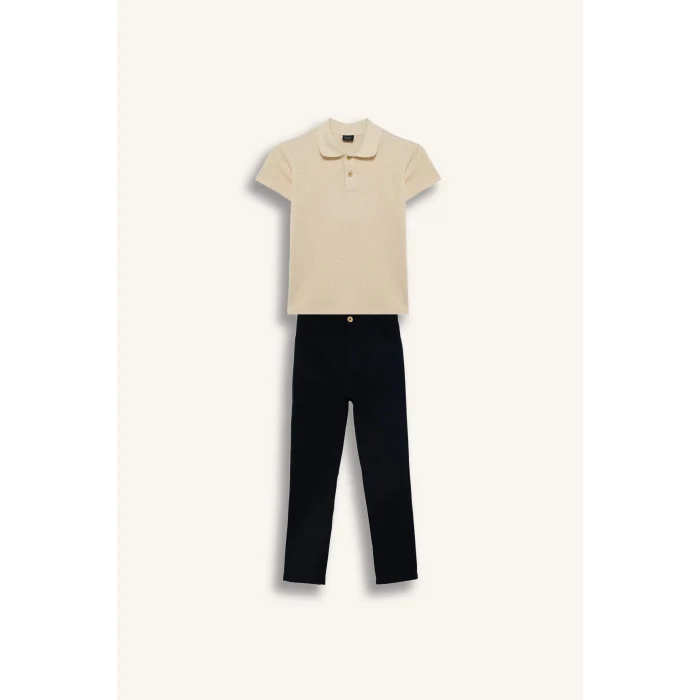 Defacto G7091A8ER233 Ekru Polo Tişört Gabardin Pantolon 2li Takım Erkek Çocuk