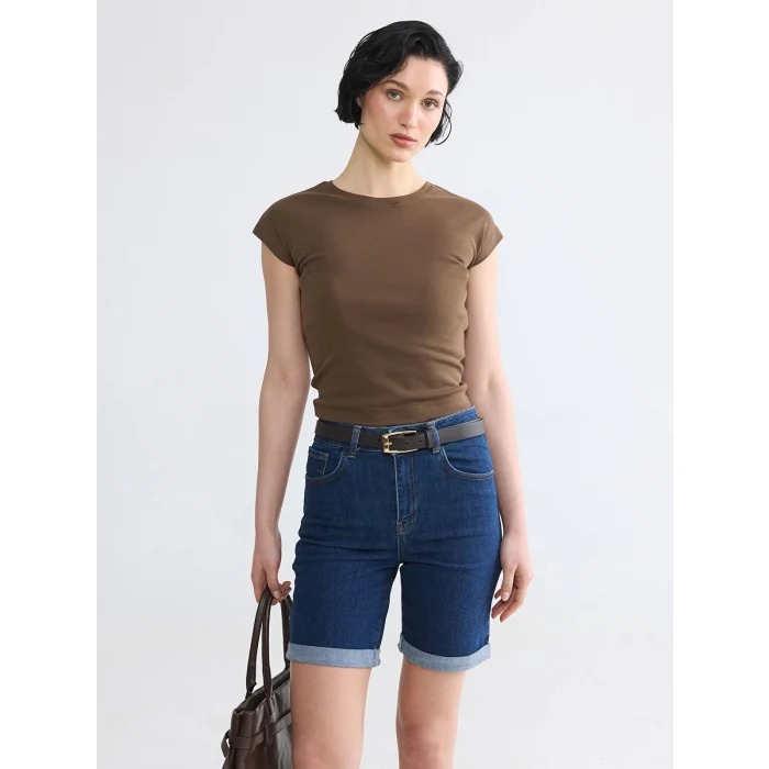LCW Vision Kahverengi Bisiklet Yaka Kadın Crop