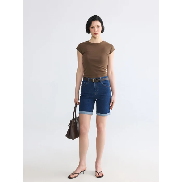 LCW Vision Kahverengi Bisiklet Yaka Kadın Crop