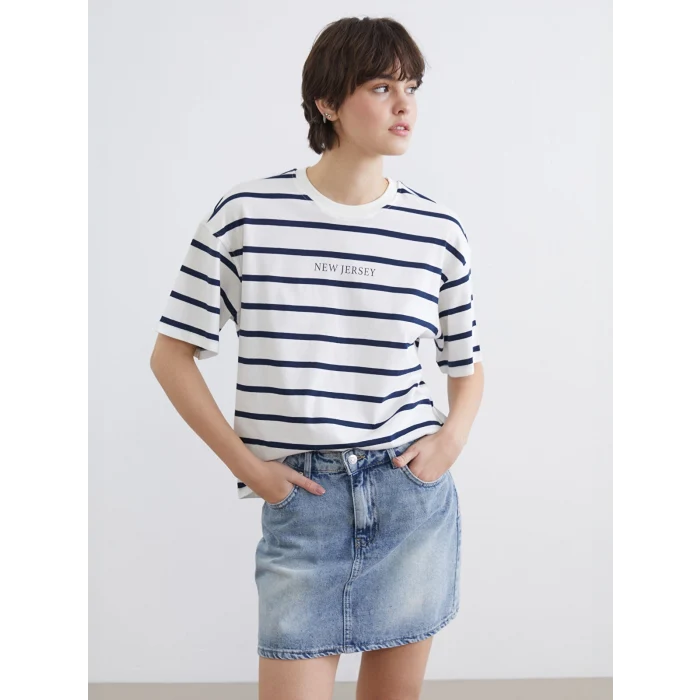 XSIDE Lacivert New Jersey Baskılı Oversize Kadın Tişört