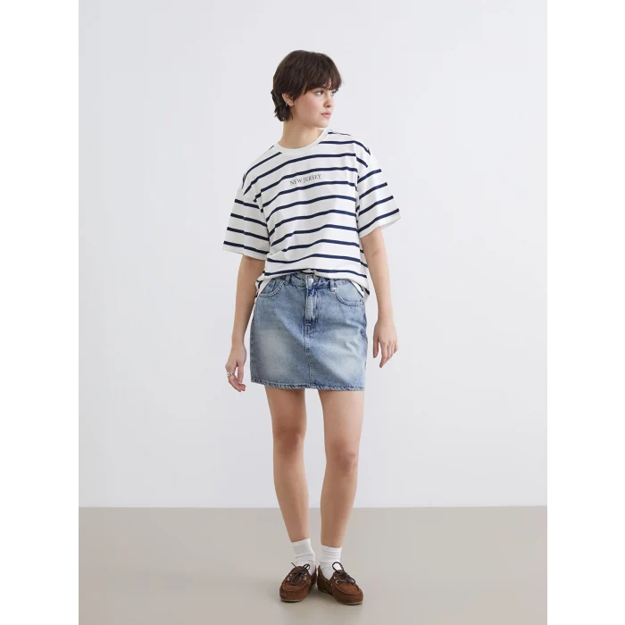 XSIDE Lacivert New Jersey Baskılı Oversize Kadın Tişört