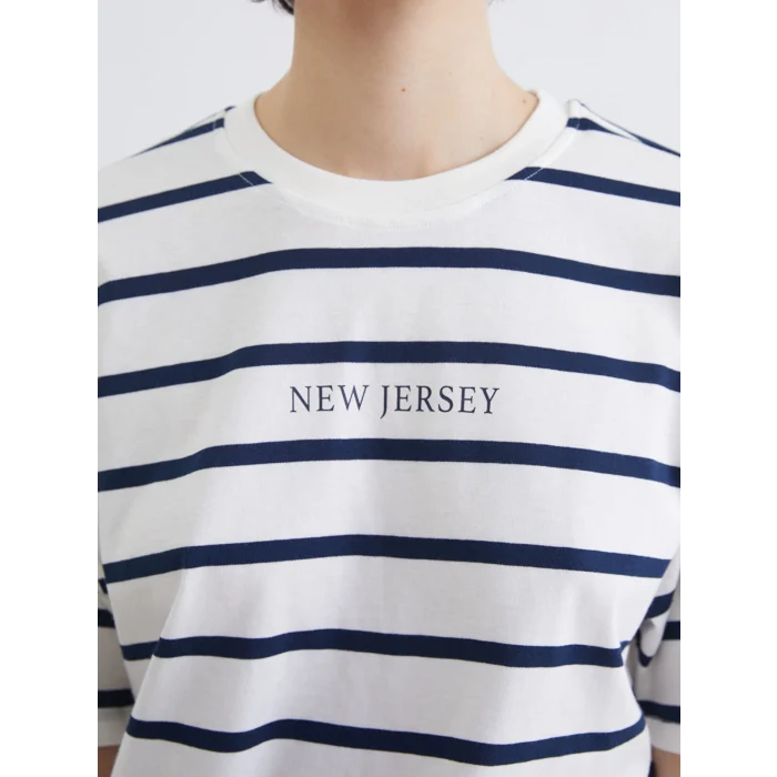 XSIDE Lacivert New Jersey Baskılı Oversize Kadın Tişört