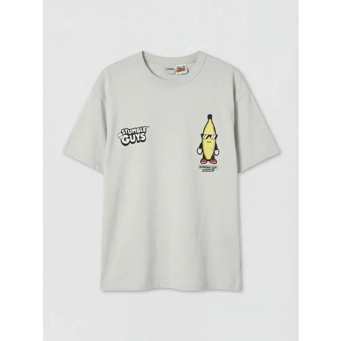 LCW Kids Gri Bisiklet Yaka Stumble Guys Baskılı Erkek Çocuk Tişört