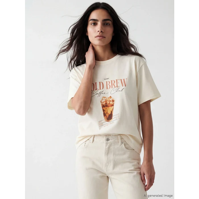 LCW Vision Ekru Bisiklet Yaka Baskılı Oversize Kadın Tişört